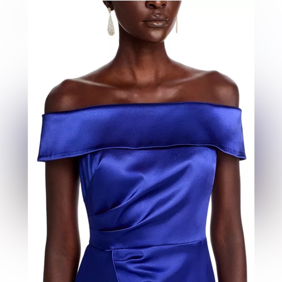 Eliza J Blue Satin Off-the-Shoulder Cocktail Dress Sz 2 | Knee Length Evening - Picture 13 of 16